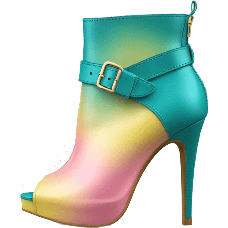 Realistic isolated top view of a pair of dark turquoise paste yellow and light pink ombre peep toe high heel ankle bootie boots.  emoji