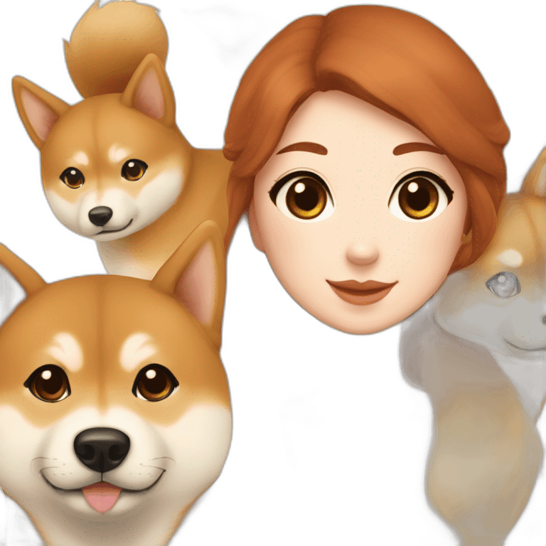 A cute Shiba, a tall white Hokkaido and their mistress, a woman with curly auburn hair emoji