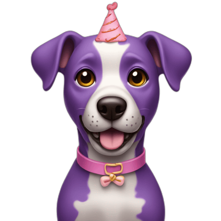 a purple dog with a brown nose and a pink collar with a bone eat cake emoji