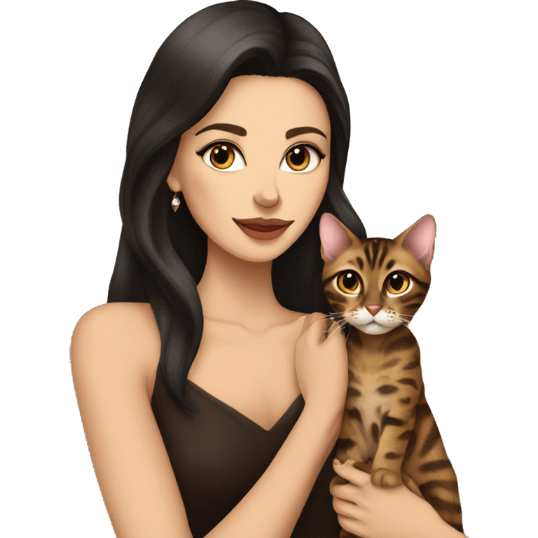 Beautiful skinny woman long dark brown hair in dark dress with earrings hug bengal cat emoji