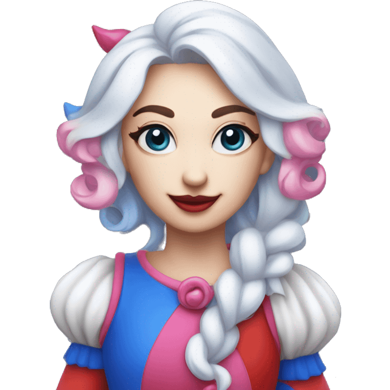 A jester with a round white head,pink blush – red and blue pinwheel eyes and a red and blue jester outfit. her pupils are red and blue pupils. emoji