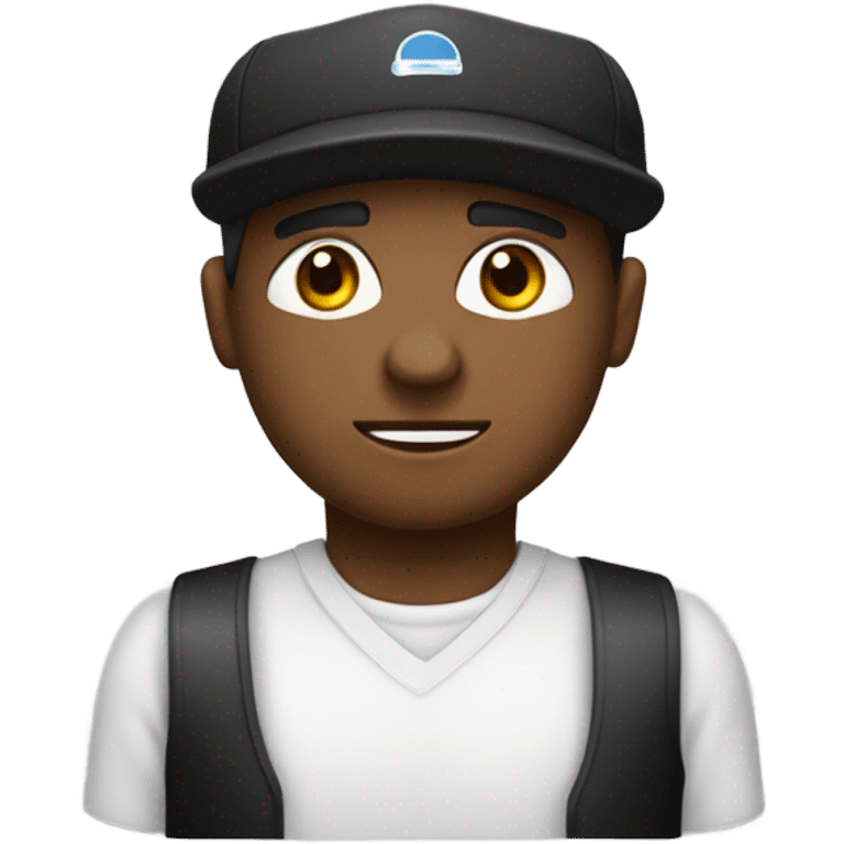 Un hombre de cabello negro, ojos negros con camisa blanca y gorra blanca. Está escribiendo un mensaje en su computadora portátil. emoji