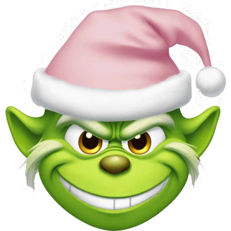 Grinch smiling with a light pink santa hat emoji