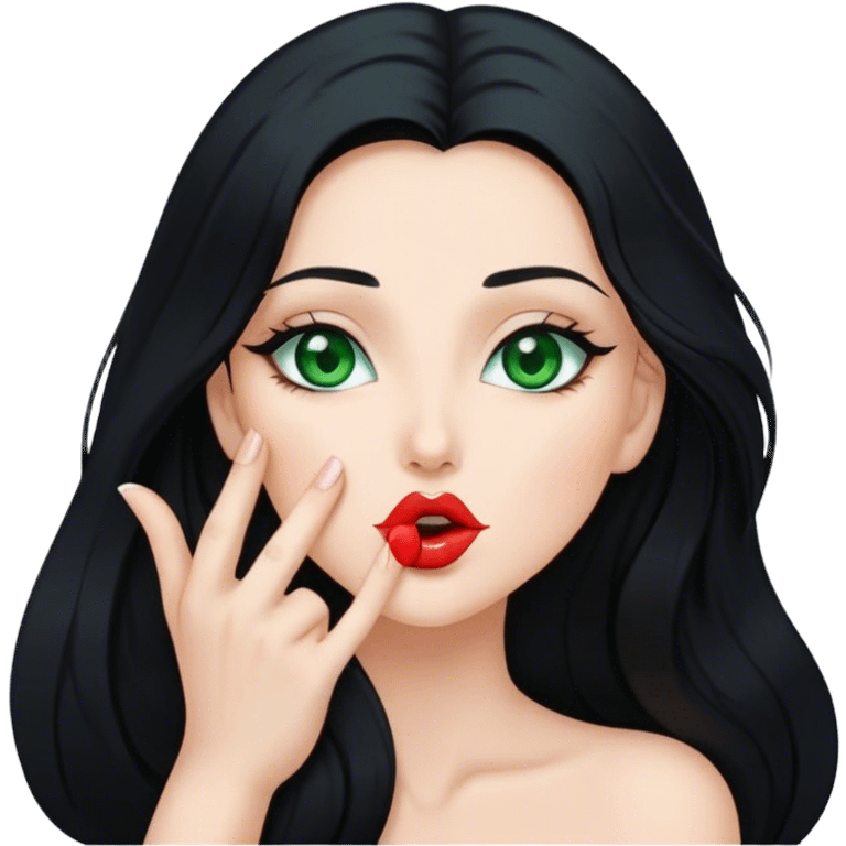 Beautiful lady with long black hair and green eyes blowing a kiss emoji