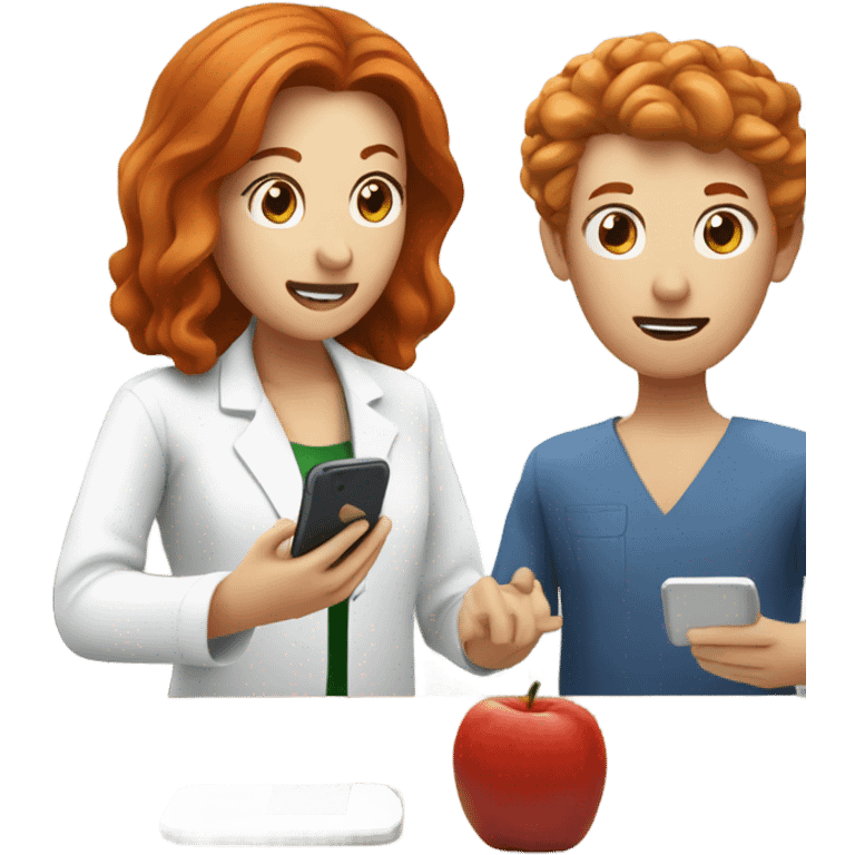 red hair nutritionist and patient talking smartphone emoji