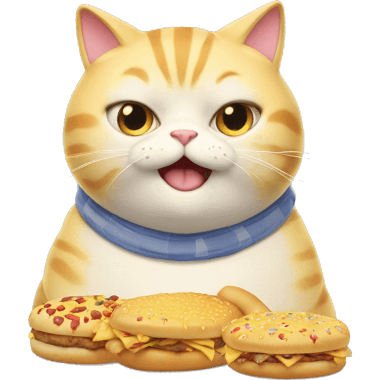 a jumbo cute fat yellow cat is eating a all junk food emoji