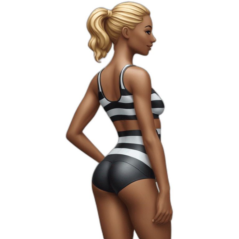 Hyper-realistic figurine showing tall sultry fitness model in striped body paint from behind emoji