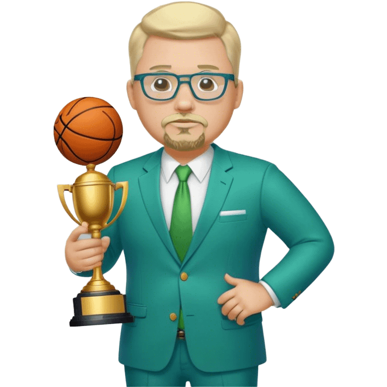 Full Body white fat male  wearing glasses with a goatee with light blonde gray very short hair basketball head Coach in blue and green suit holding trophy emoji