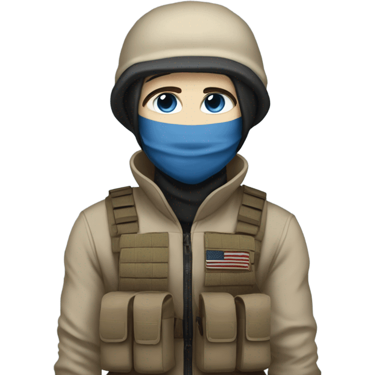 male, pale skin, face mask, tan tactical gear, combat boots, black beanie, blue eyes emoji