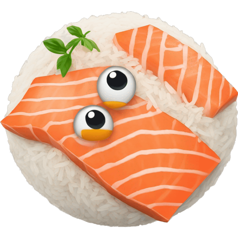 Rice with salmon on top with a smiling face with two eyes emoji