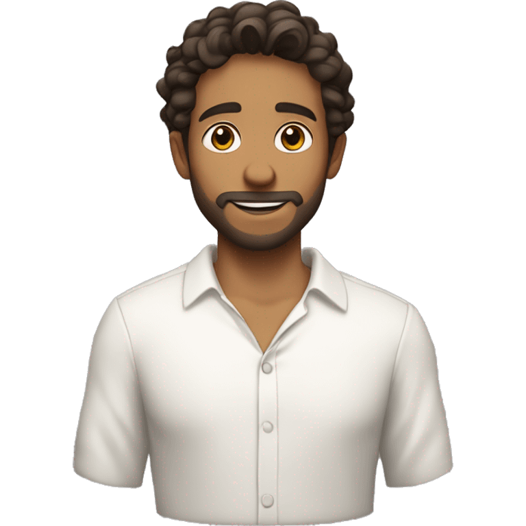 Recreate a young man with wavy dark brown hair, a short beard, and a slight smile. He wears a white open-collar shirt and has a small earring in his left ear. His expression is calm and friendly emoji