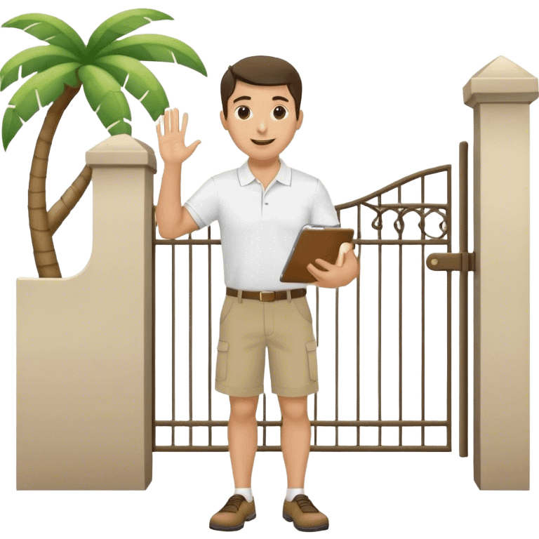 Pool attendant. white polo shirt. khaki shorts. waving. hispanic. standing next to gate. holding clipboard emoji