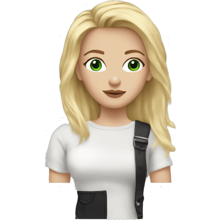 blonde hair girl, green eyes, black lashes, white top, baggy jeans  emoji