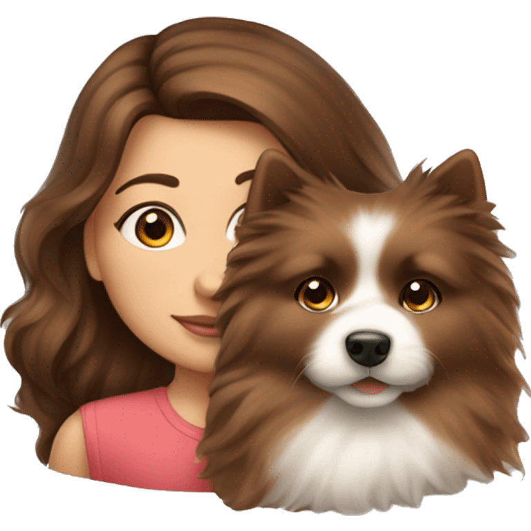 beautiful girl with brown hair kissing her fluffy spitz dog emoji