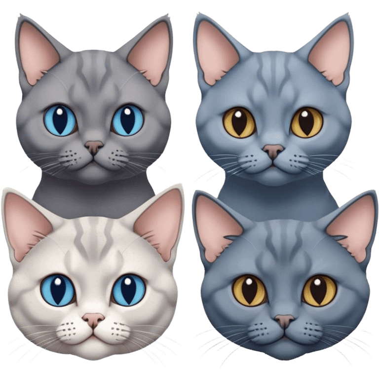 Three cat heads: British Shorthair Blue, with large cheeks, Maine Coon with fluffy fur and expressive eyes, Sphynx with smooth skin and prominent features, minimalistic, on a white background, no extra details. emoji