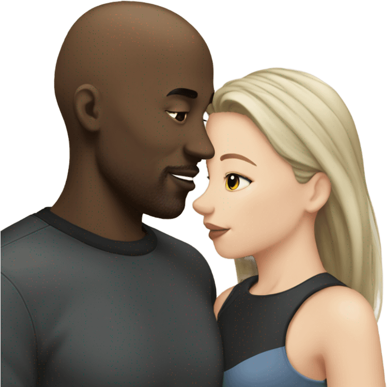 White girl dark hair kissing bald black man emoji