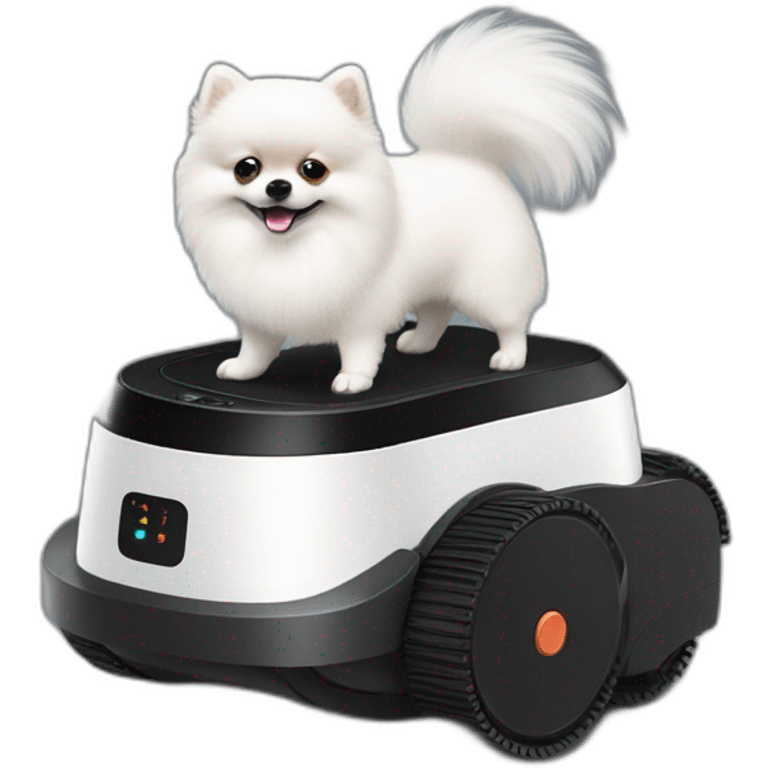 white pomeranian on a black vacuum robot emoji