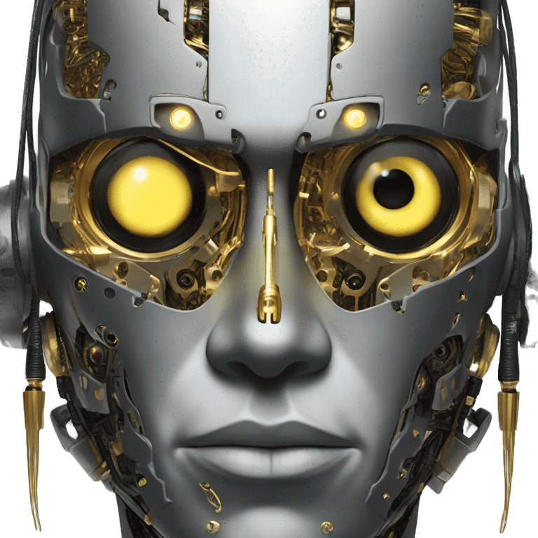 black metal male cyborg head with artificial eyeball, circuitry and wispy yellow gold hair emoji