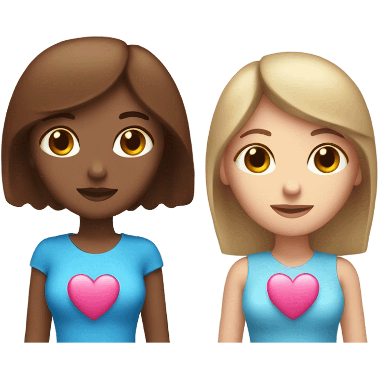 two ladies in love with a heart. the one on the left is a white lady with blue eyes and a brown bob with a pink shirt. the second is a venezuelan lady with brown eyes and dark brown hair with a red dress emoji