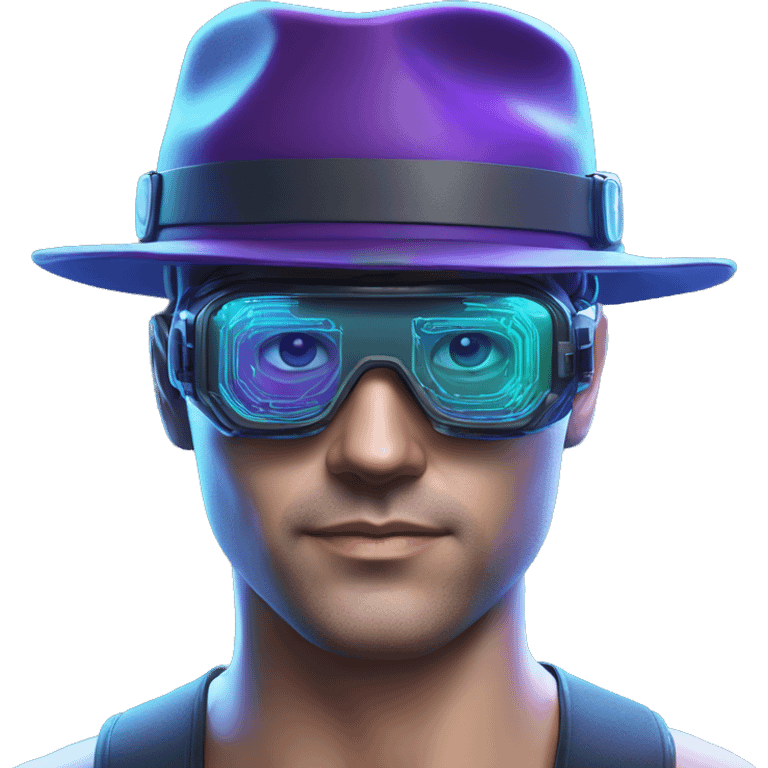 Secret human agent in a hat with  cyberpunk elements in Apple VR googles headset scanning looking reviewing multicolor lines of code, cyan and purple colors, only upper body portrait emoji