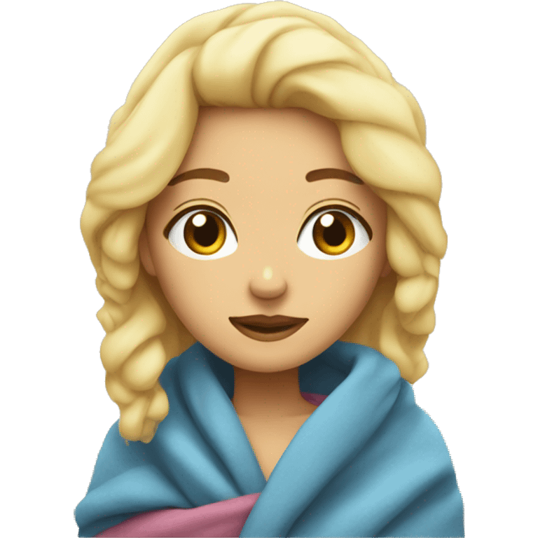 Blonde girl wrapped in blanket cozy emoji