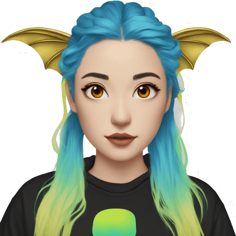 Lady with brunette and iridescent blue hair, gold, lime green dragon wings, black hoodie, bleach dyed, black and gold Nike t shirt, and bright red eyes emoji