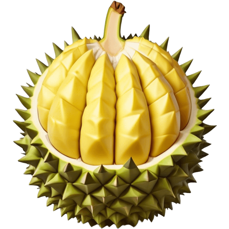 Cinematic Realistic Durian Fruit Dish Emoji, depicted as the notorious spiky fruit with a rich, custardy interior rendered with lifelike detail and bold, distinctive lighting. emoji