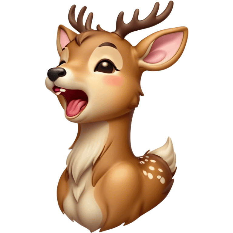 Cinematic Cute Yawning Deer Portrait Emoji, Head tilted slightly with a dramatic, wide-open yawn, revealing a soft, dappled Fur and elegantly drooping ears, eyes barely open in drowsy contentment, Simplified yet irresistibly adorable features, highly detailed, glowing with a soft, cozy glow, high shine, relaxed yet expressive, stylized with a touch of natural whimsy, bright and endearing, soft glowing outline, capturing the essence of a sleepy yet affectionate deer, so drowsy it feels like it could stretch right out of the screen and curl up for a nap! emoji