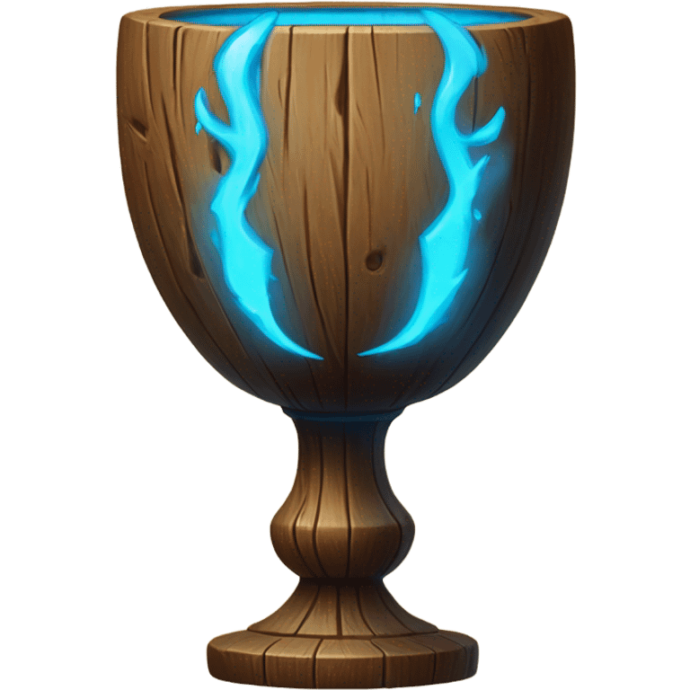 A magical goblet, large and imposing, made of aged wood with a smooth surface. It emits a bright blue glow, with magical flames dancing inside, symbolizing its power and mystery. emoji