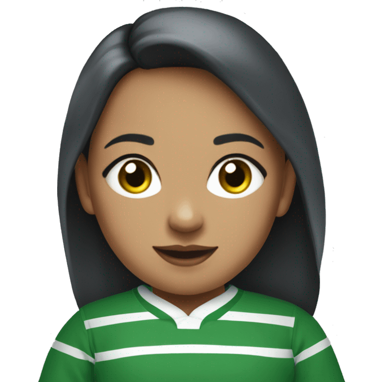 Girl wearing blue rugby sweater with two green stripes at the bottom. Stripes are at the bottom. Long sleeved sweter emoji