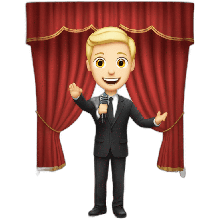 white light skin man person standing in a theater with red curtains standing on elevated stage holding a microphone smiling with light hair emoji