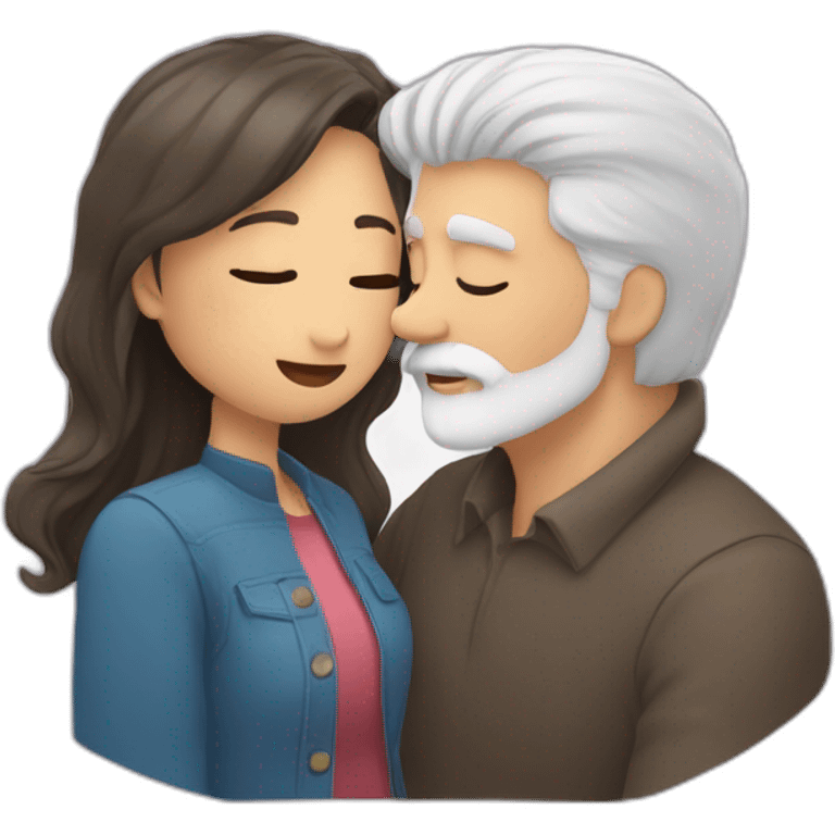 image of woman with dark brown hair kisses and hugs man with gray hair and white beard with floating hearts emoji