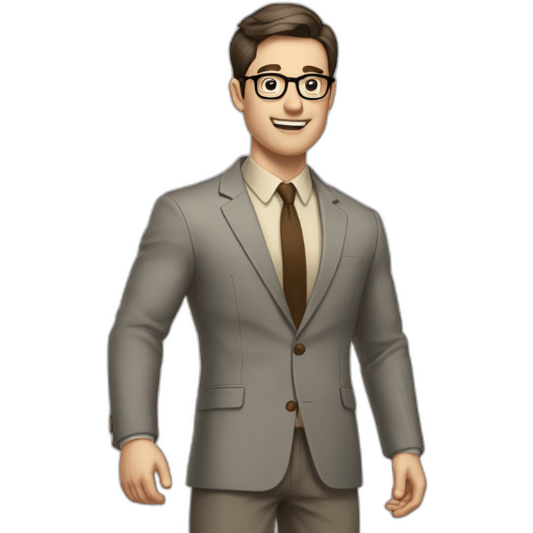 Full height Actively Gesturing Pale skinned fit man with dark brown hair in gray jacket, beige office shirt, brown tie, brown pants and vintage glasses. emoji