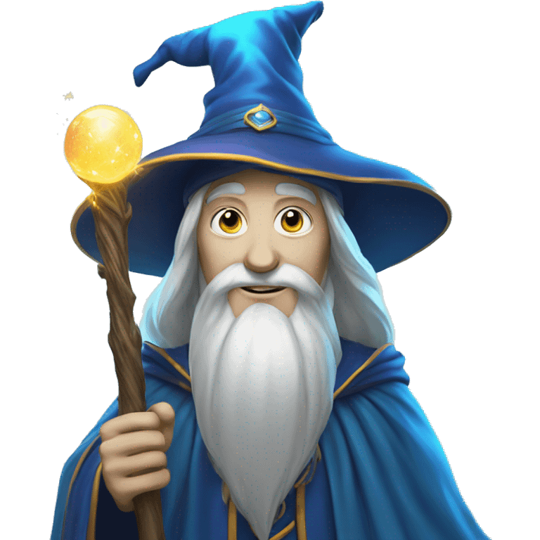 Realistic Wizard Face in Action: Realistic face of a wizard with staff emitting magical blue light. emoji