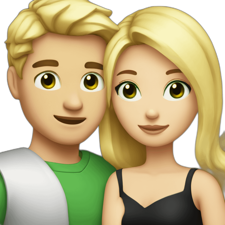 A couple of a girl with blonde hair and green eyes, and a man with black hair and black eyes, that are hugging emoji