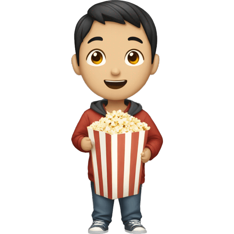 a Chinese young boy holding a cup of popcorn and sayin hi emoji