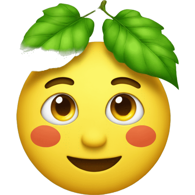 A yellow relaxed emoji face with reddish eyes. And with small dust clouds and green leafs around him emoji