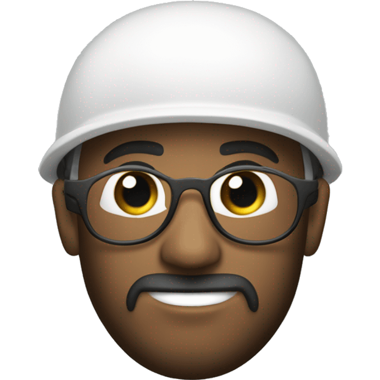 Trabalhador com capacete de segurança, utilizando óculos e barba rala, pele branca, olhos escuros emoji