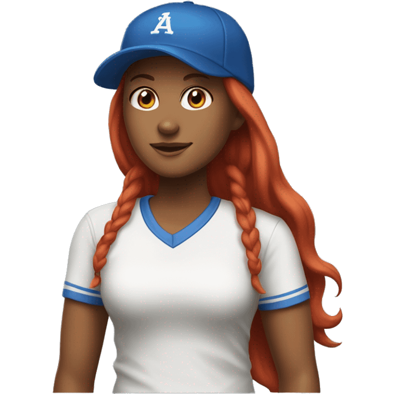 front facing, standing female coach with long red hair, wearing a white t-shirt and a simple blue baseball hat emoji