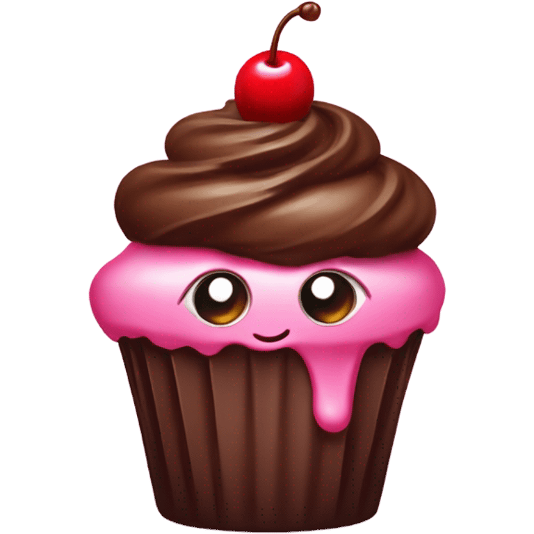 kawaii chocolate cupcake with pink frosting and a cherry on top emoji