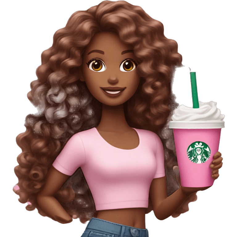 Barbie girl with brown long curly hair holding Pink starbucks refresher emoji