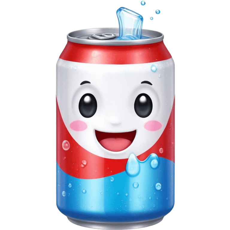 Cute Kawaii Soda Can, bubbly and vibrant, bright red and blue stripes, playful fizz popping around, a chubby happy face with wide sparkling eyes, energetic and refreshing! emoji