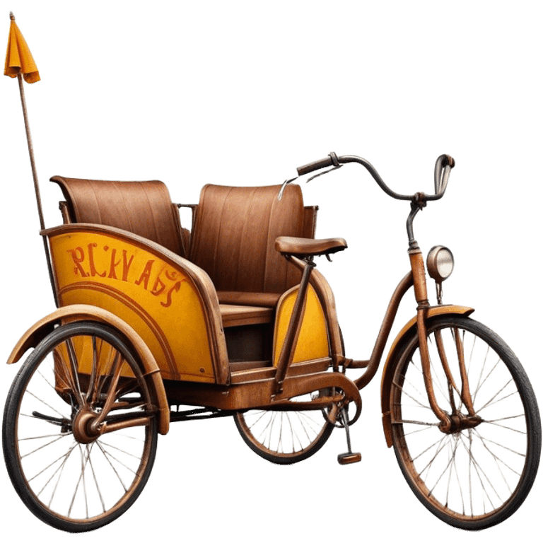 ​Cinematic Realistic Tricycle Rickshaw, depicted as a vintage manually operated vehicle featuring two front wheels and a single rear wheel, rendered with detailed rustic textures, vibrant colors, and dynamic urban lighting that captures its unique design and cultural charm, emoji