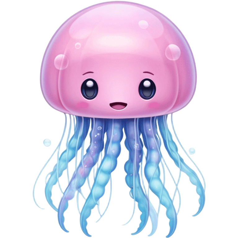 Cinematic floating kawaii jellyfish, tiny round body, soft glowing tentacles, pastel pink and blue hues, delicate sparkling highlights, dreamy and adorable. emoji