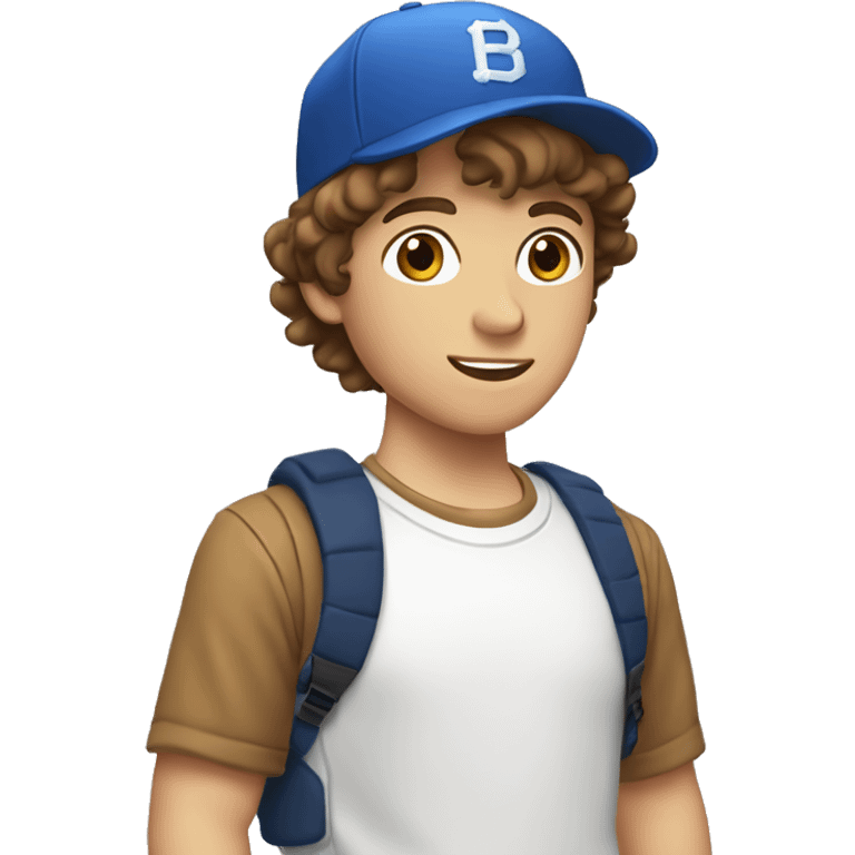 Teenager boy type italian, White skin, with baseball cap backwards with wavy brown hair (Which go down behind to the nape of the neck), Little bit dezoom emoji