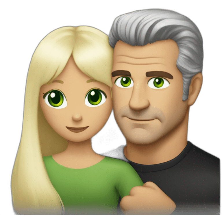 Mel Gibson hugging a woman blond square staright haire with fringe and green eyes emoji