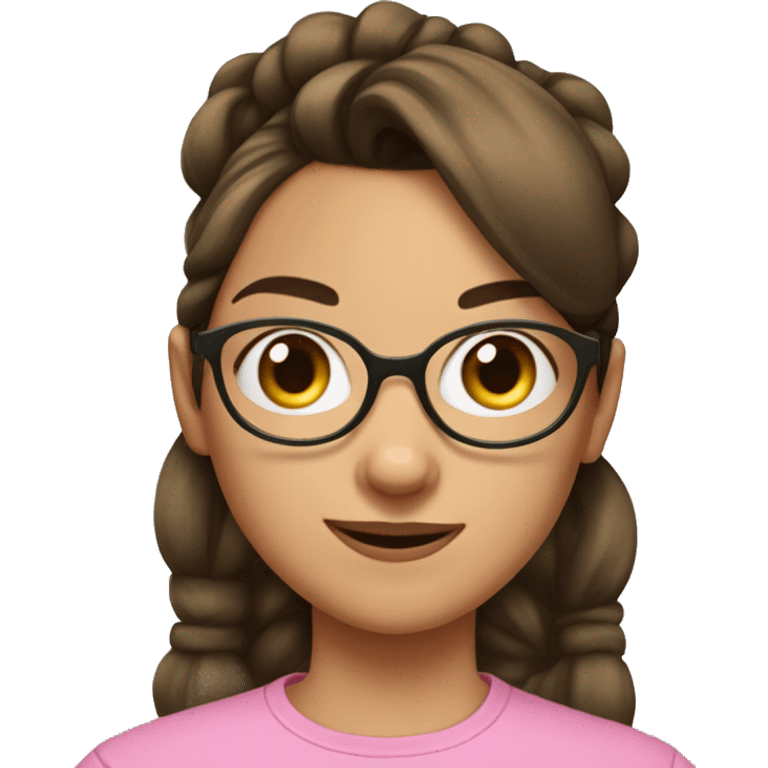 girl with oversized glasses and brown hair with straight across bangs and a pony tail in a scrunchie  emoji