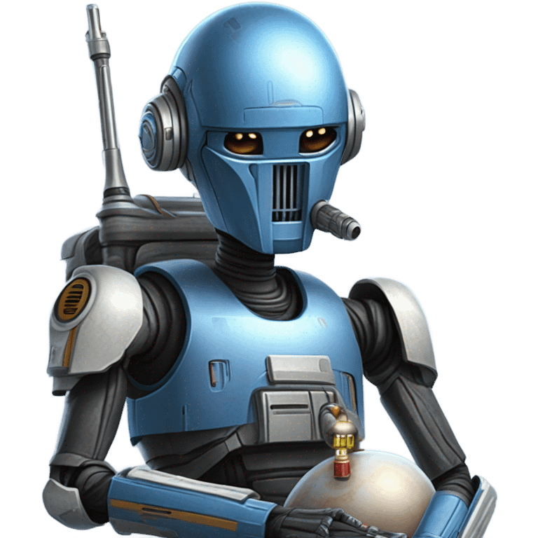 blue-pearl smiling bounty hunter protocol droid wearing backpack, saddlebags and light saber ready to fight resting emoji