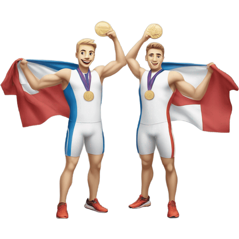 Two strong Caucasian high school white men running track and winning medals emoji