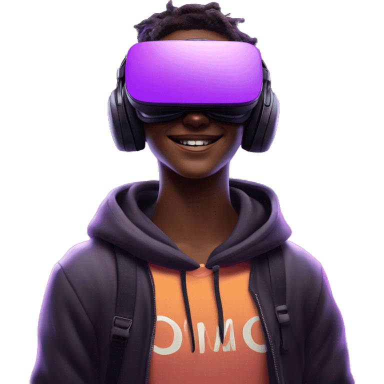 Happy student wearing a black hoodie with "OMG" letters on it and VR headset oculus quest 2 in a cyberpunk VR environment with violet neon lighting. emoji